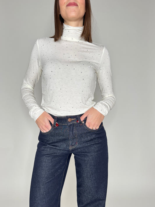 Maglia taglio laser mezzo collo in misto viscosa strass Bianco latte