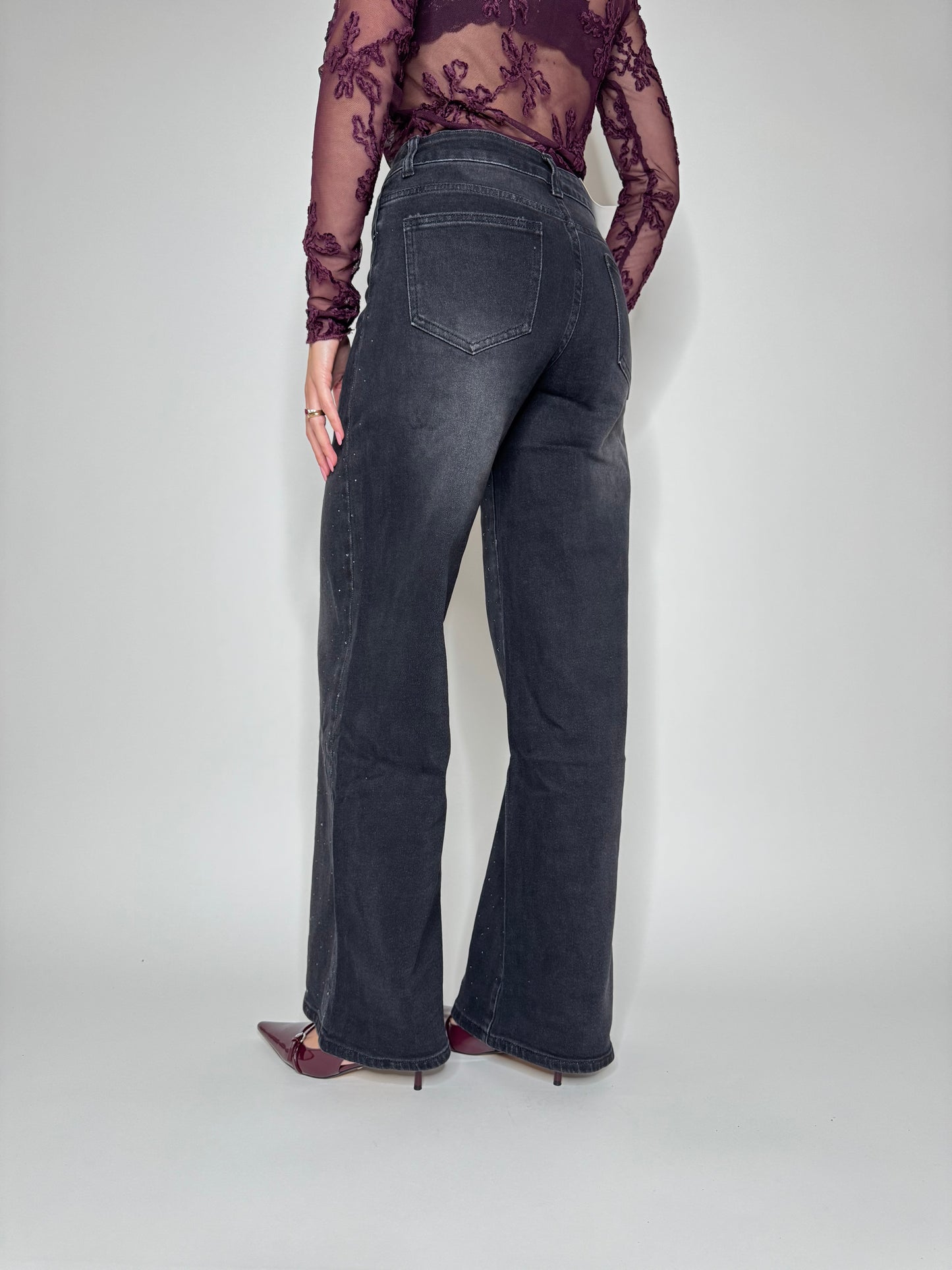 Jeans wide leg strass black slavato