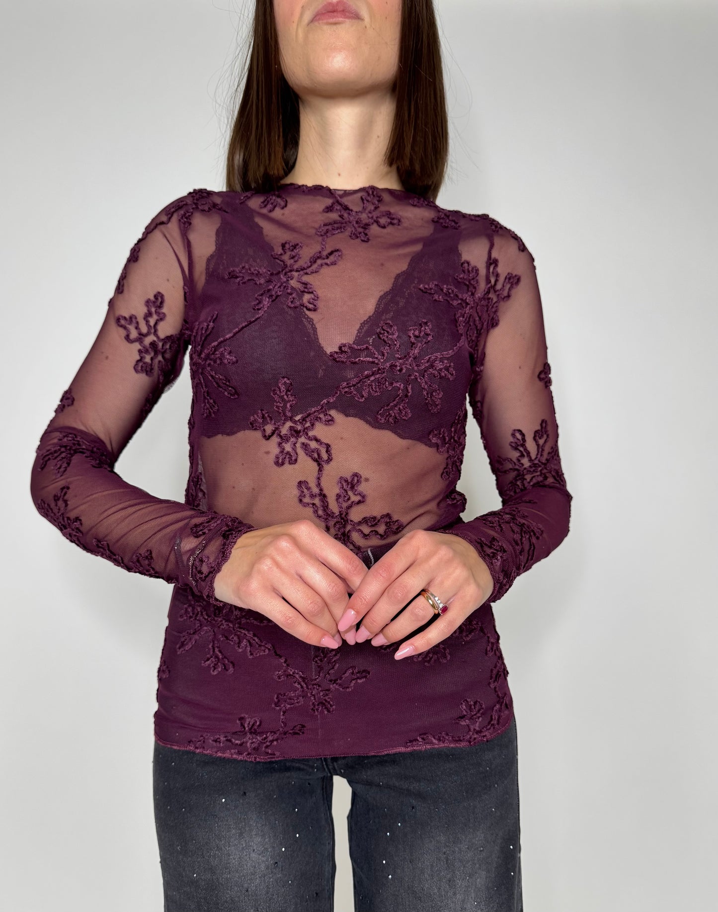 Maglia tulle ricamato Borgogna