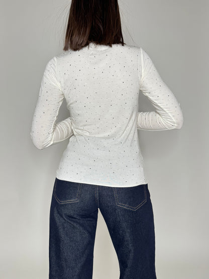 Maglia taglio laser mezzo collo in misto viscosa strass Bianco latte