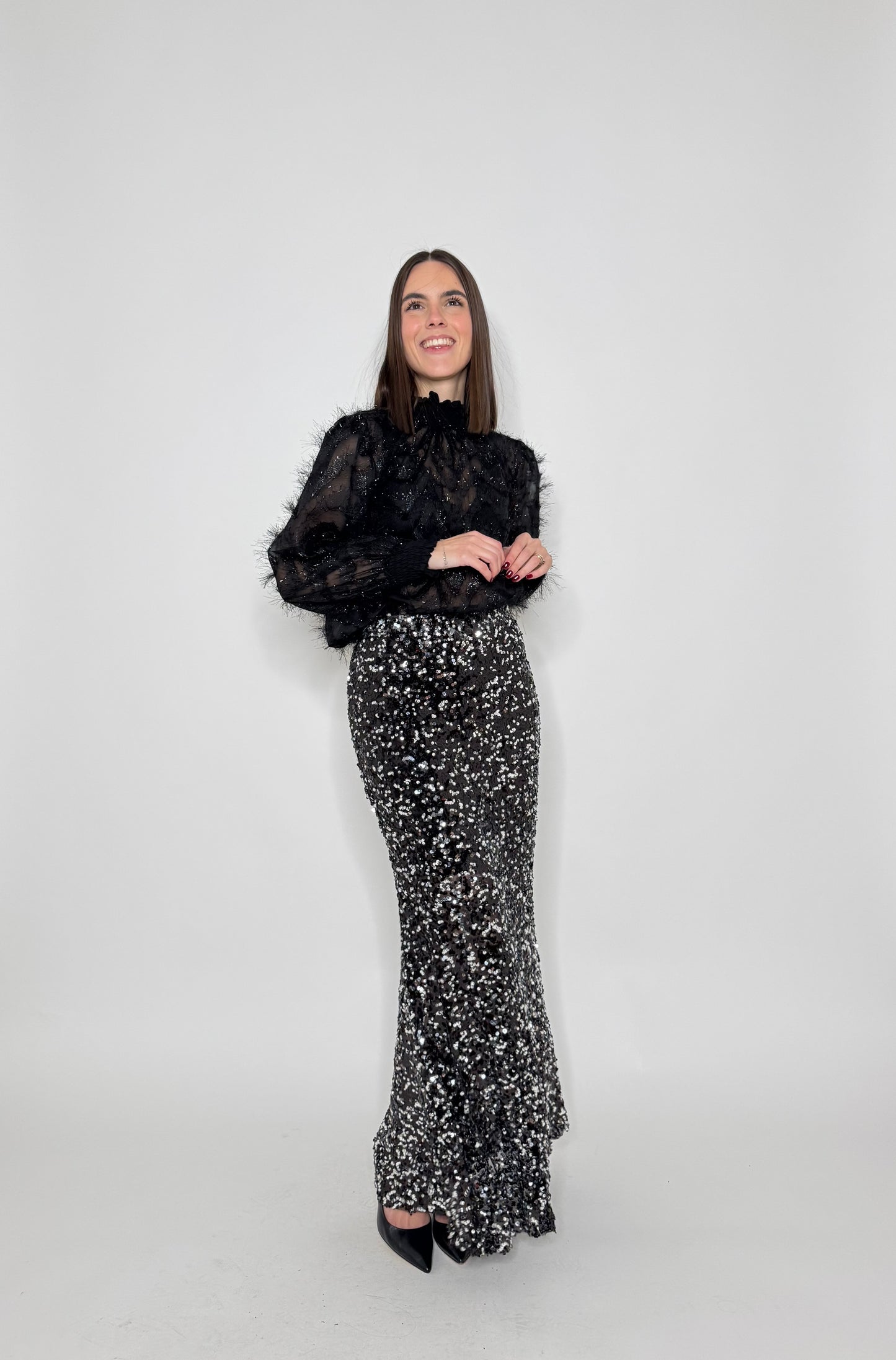 Gonna lunga pailletes argento