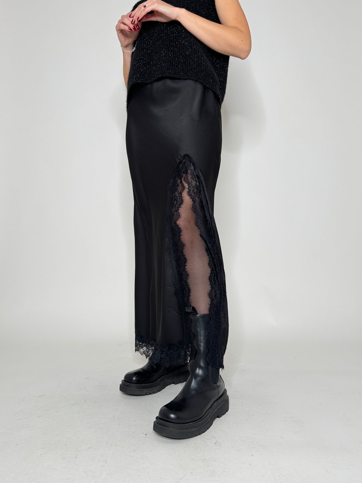 Gonna lunga satin pizzo Ludo Nero