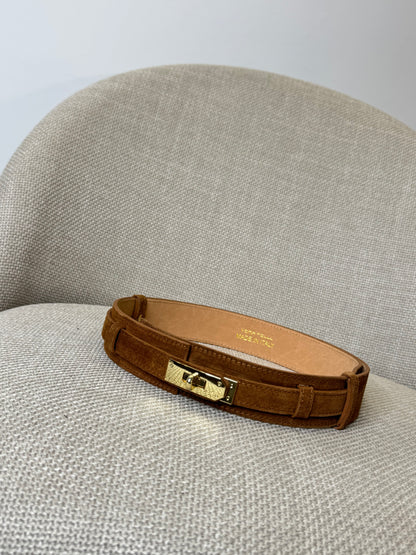 Cintura alta regolabile stile Hermès in vera pelle camoscio cuoio 4cm