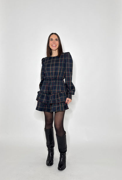 Abito Svolazzante Tartan in viscosa Verde/blu