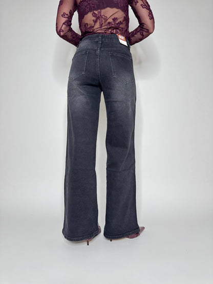 Jeans wide leg strass black slavato