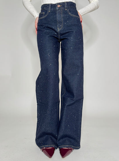 Jeans wide leg strass blu scuro