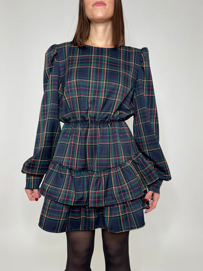 Abito Svolazzante Tartan in viscosa Verde/blu