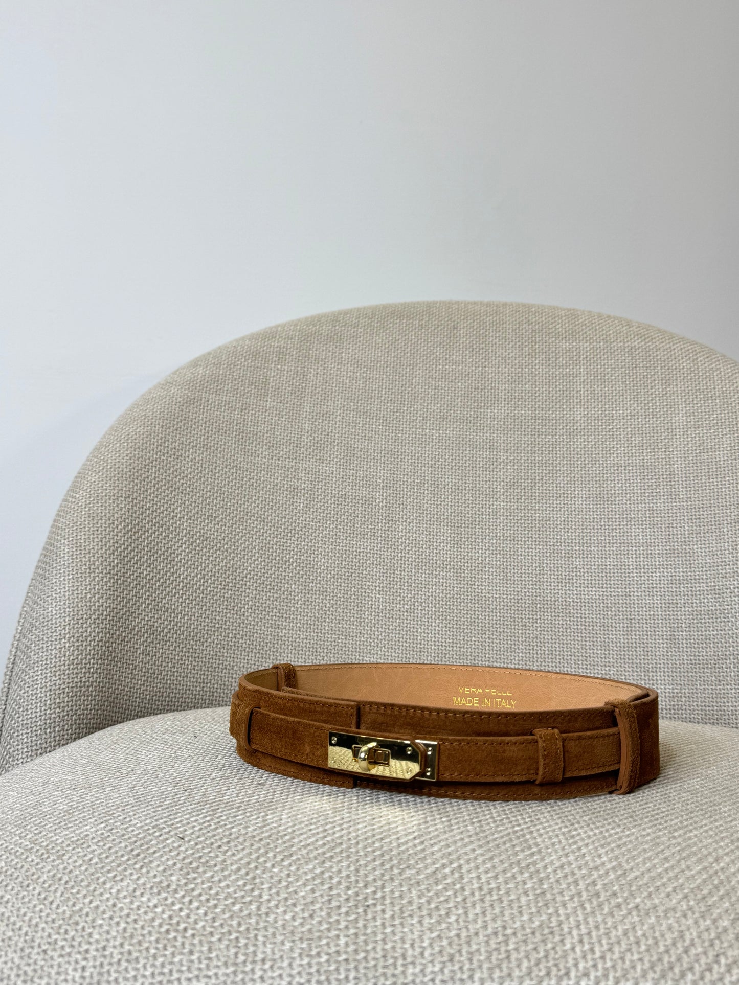 Cintura alta regolabile stile Hermès in vera pelle camoscio cuoio 4cm