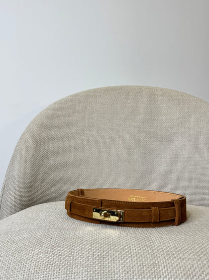 Cintura alta regolabile stile Hermès in vera pelle camoscio cuoio 4cm