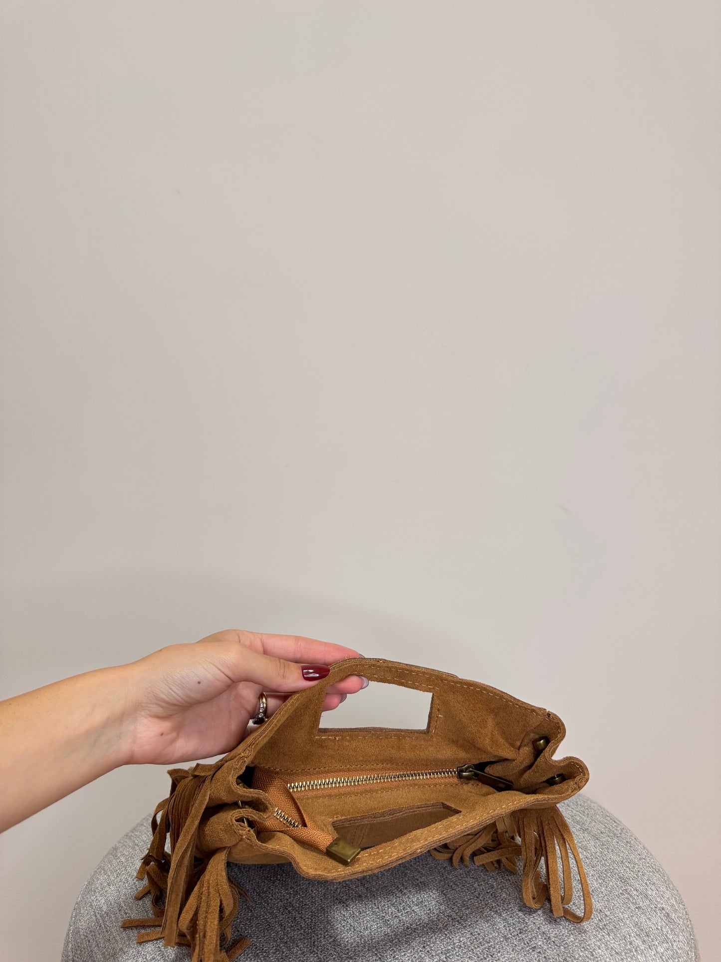 Borsa scamosciata Cuoio Vera pelle Frange