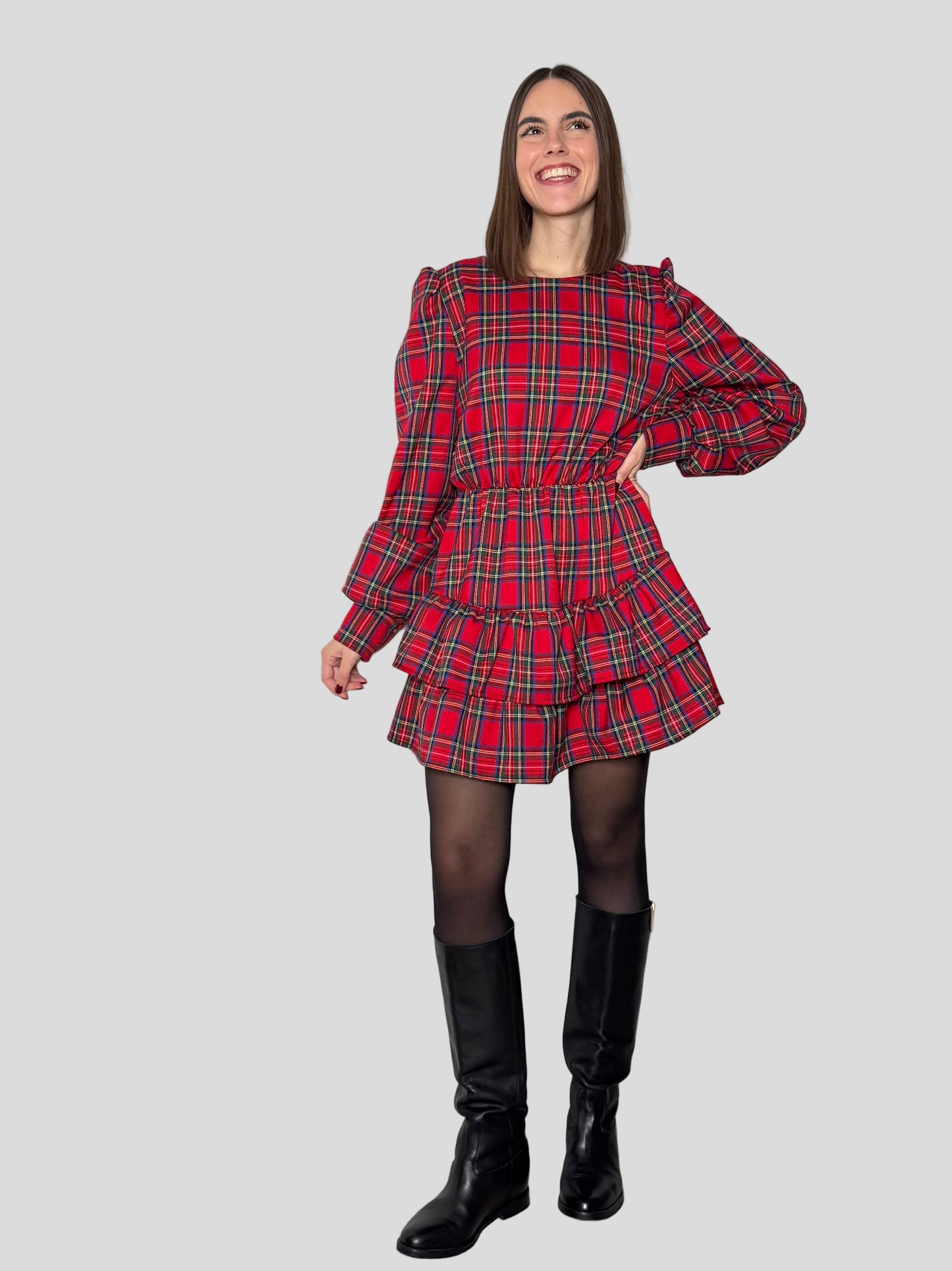 Abito Svolazzante Tartan in viscosa Rosso