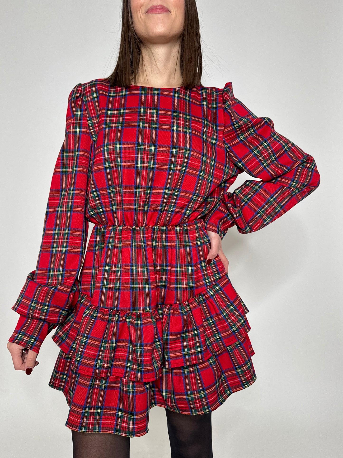 Abito Svolazzante Tartan in viscosa Rosso