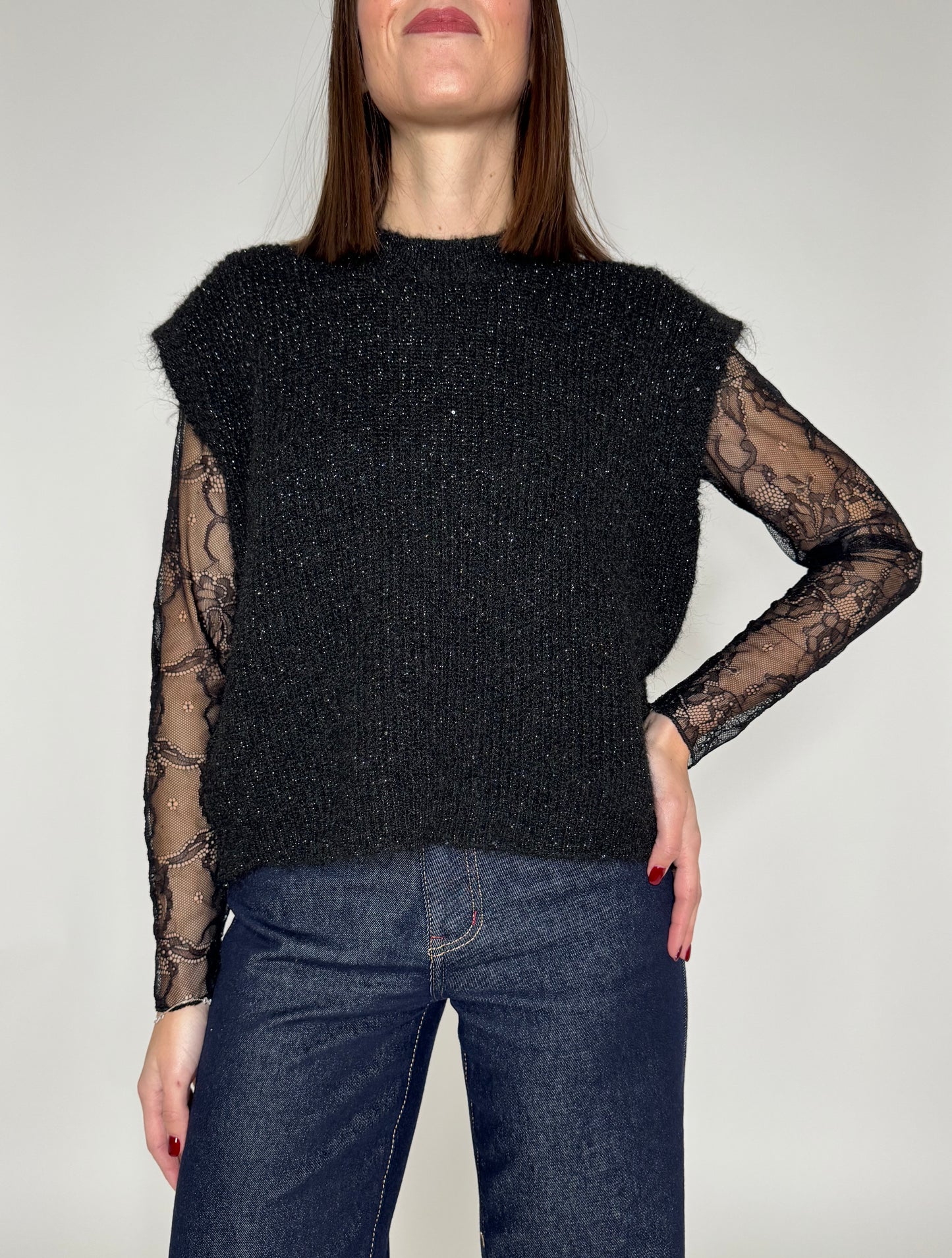 Gilet in maglia calda viscosa filo lurex nero