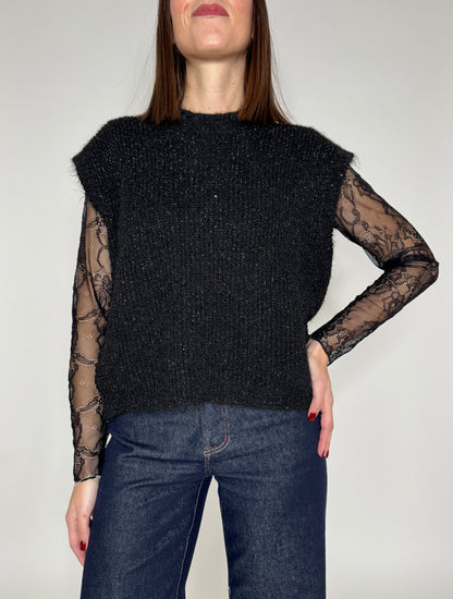 Gilet in maglia calda viscosa filo lurex nero