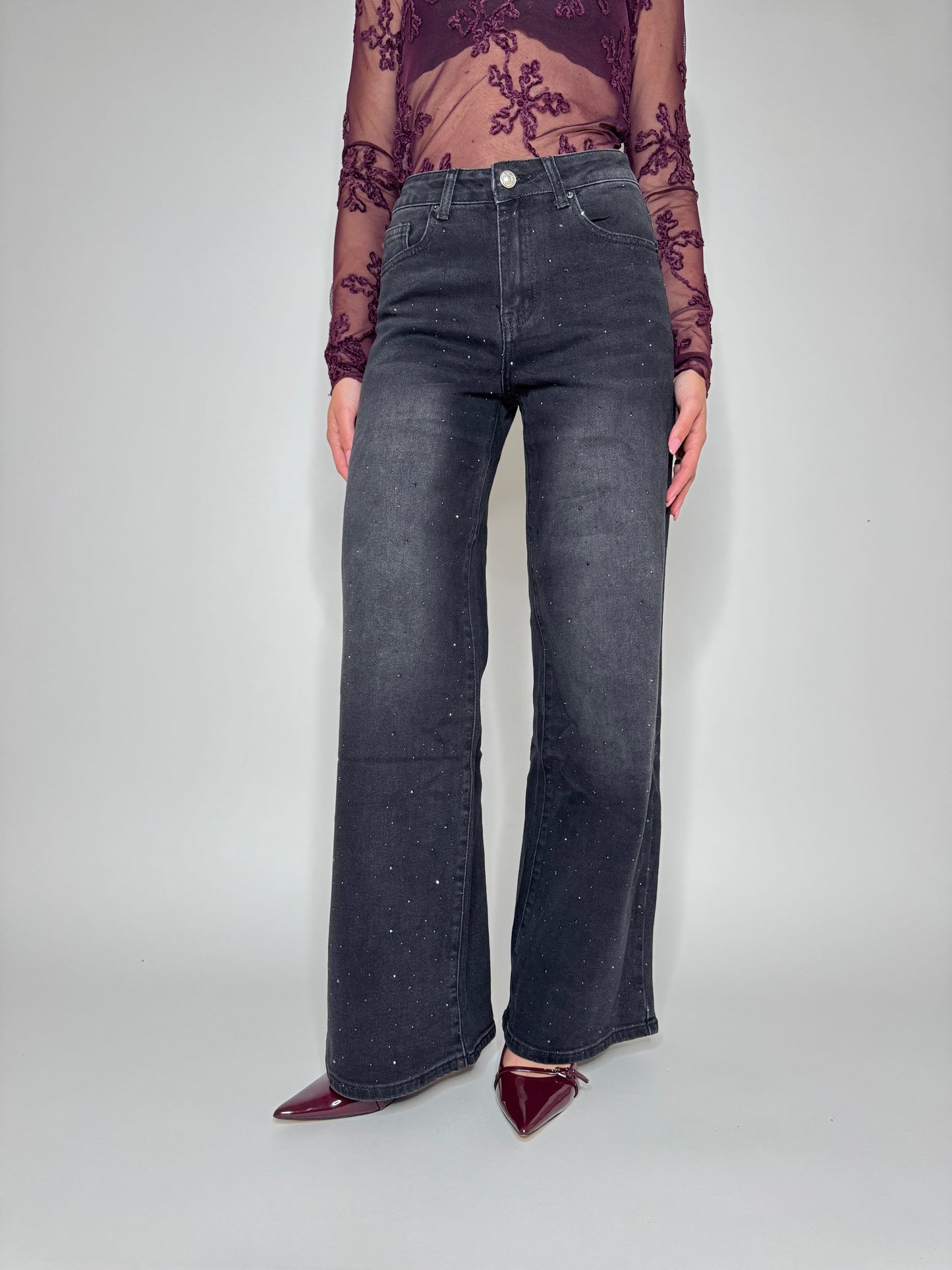 Jeans wide leg strass black slavato