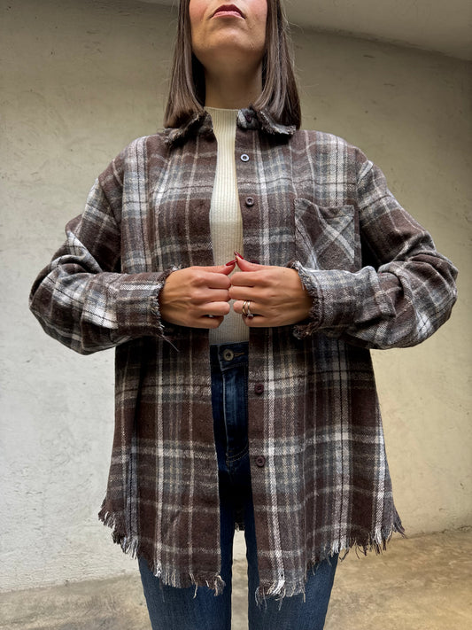 Camicia Sfrangiata flanella stampa check cioccolato/grigio
