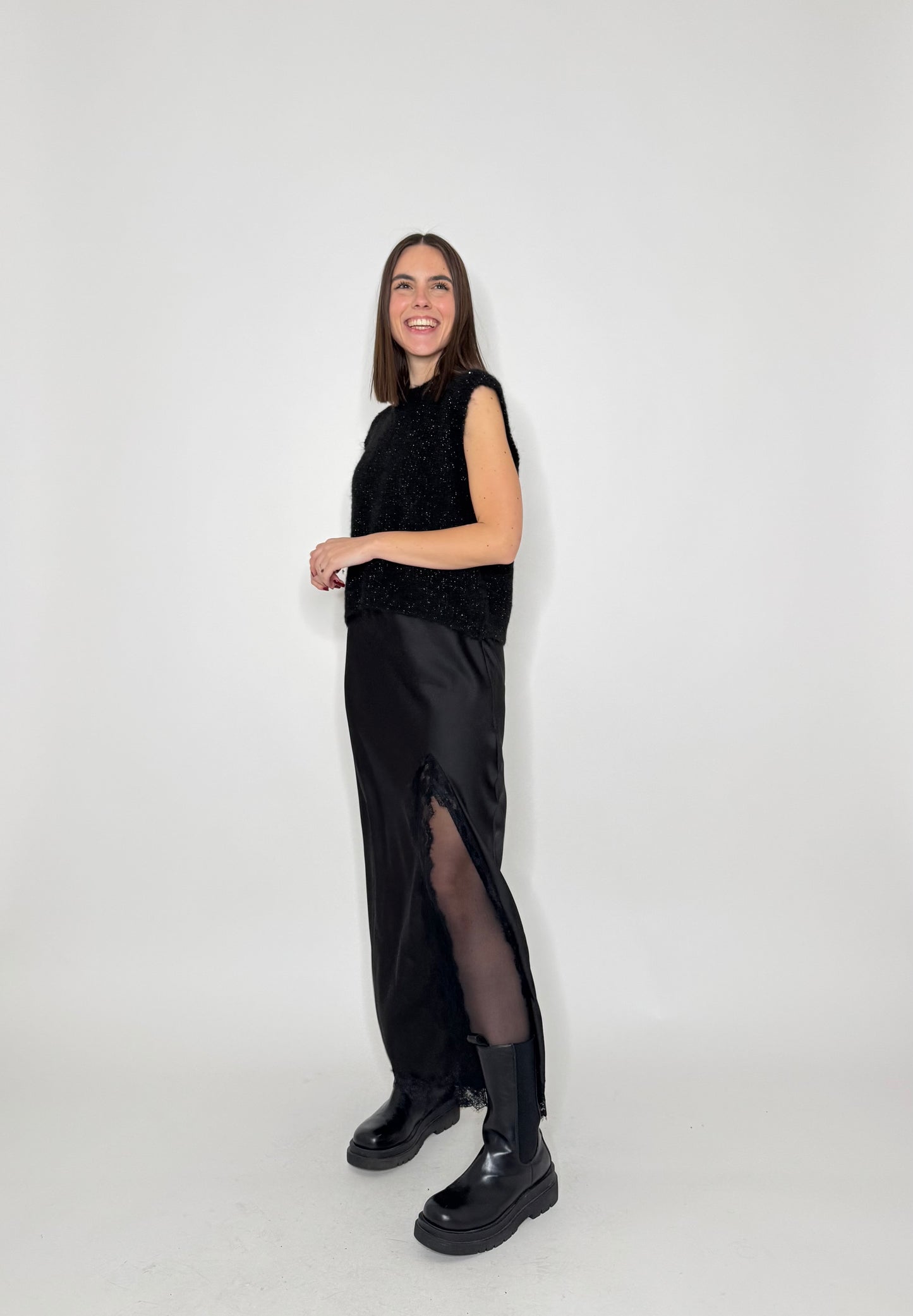 Gonna lunga satin pizzo Ludo Nero