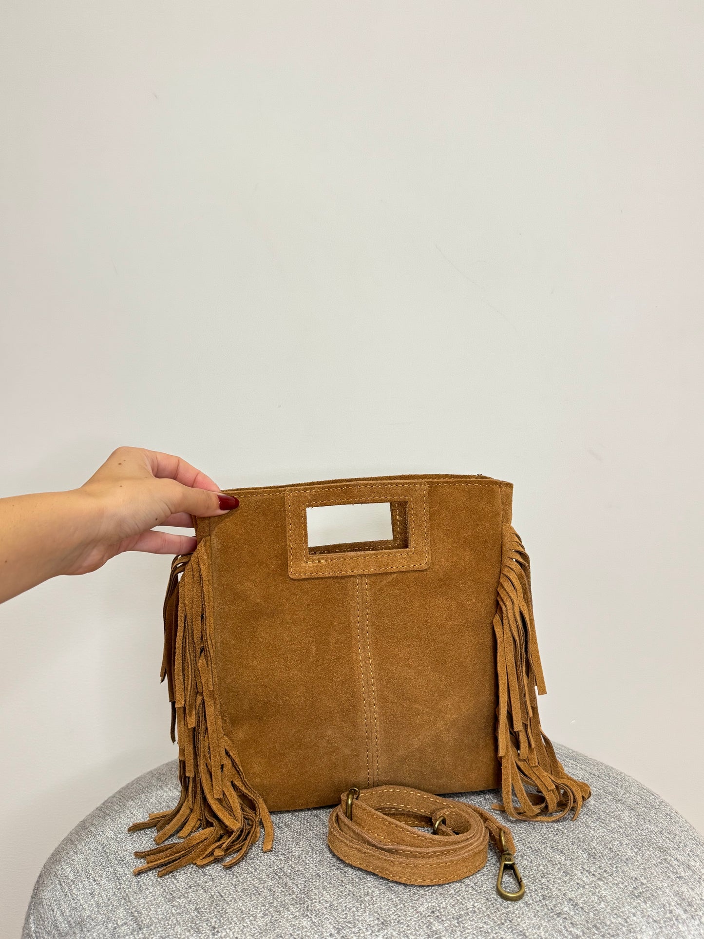 Borsa scamosciata Cuoio Vera pelle Frange