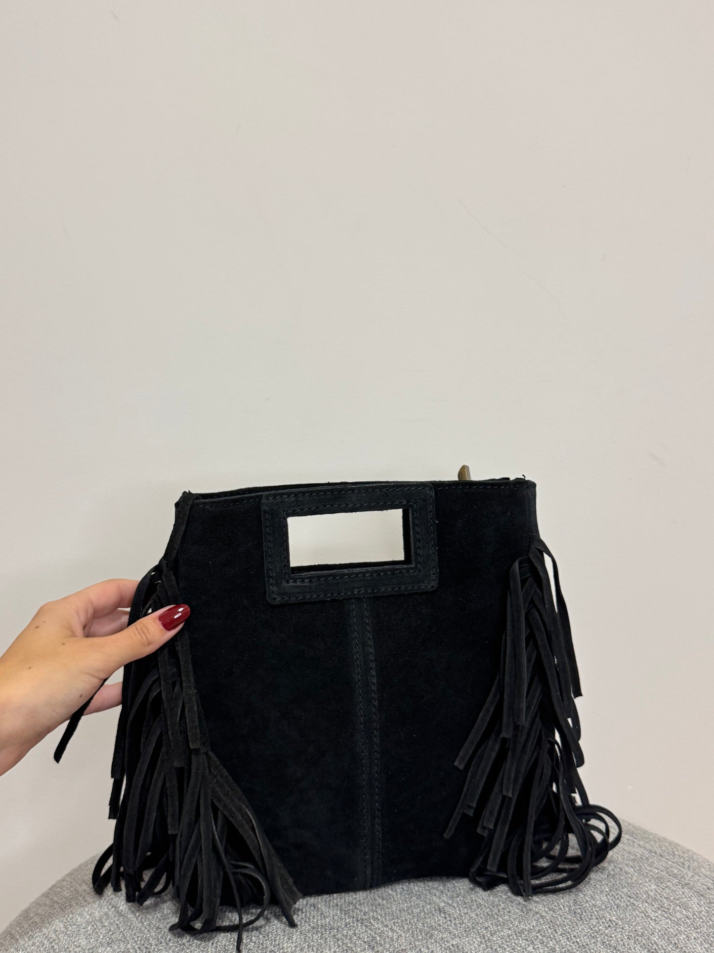Borsa scamosciata Nera Vera pelle Frange