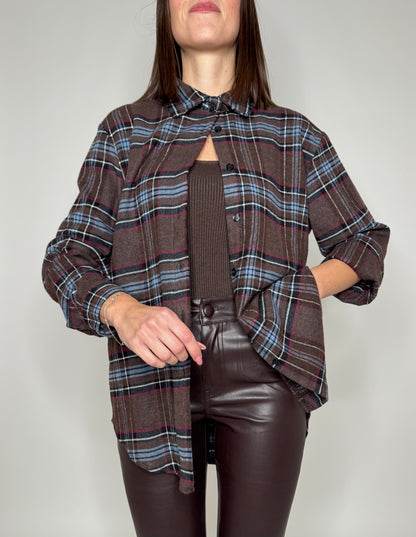 Camicia check in flanella cioccolato/celeste