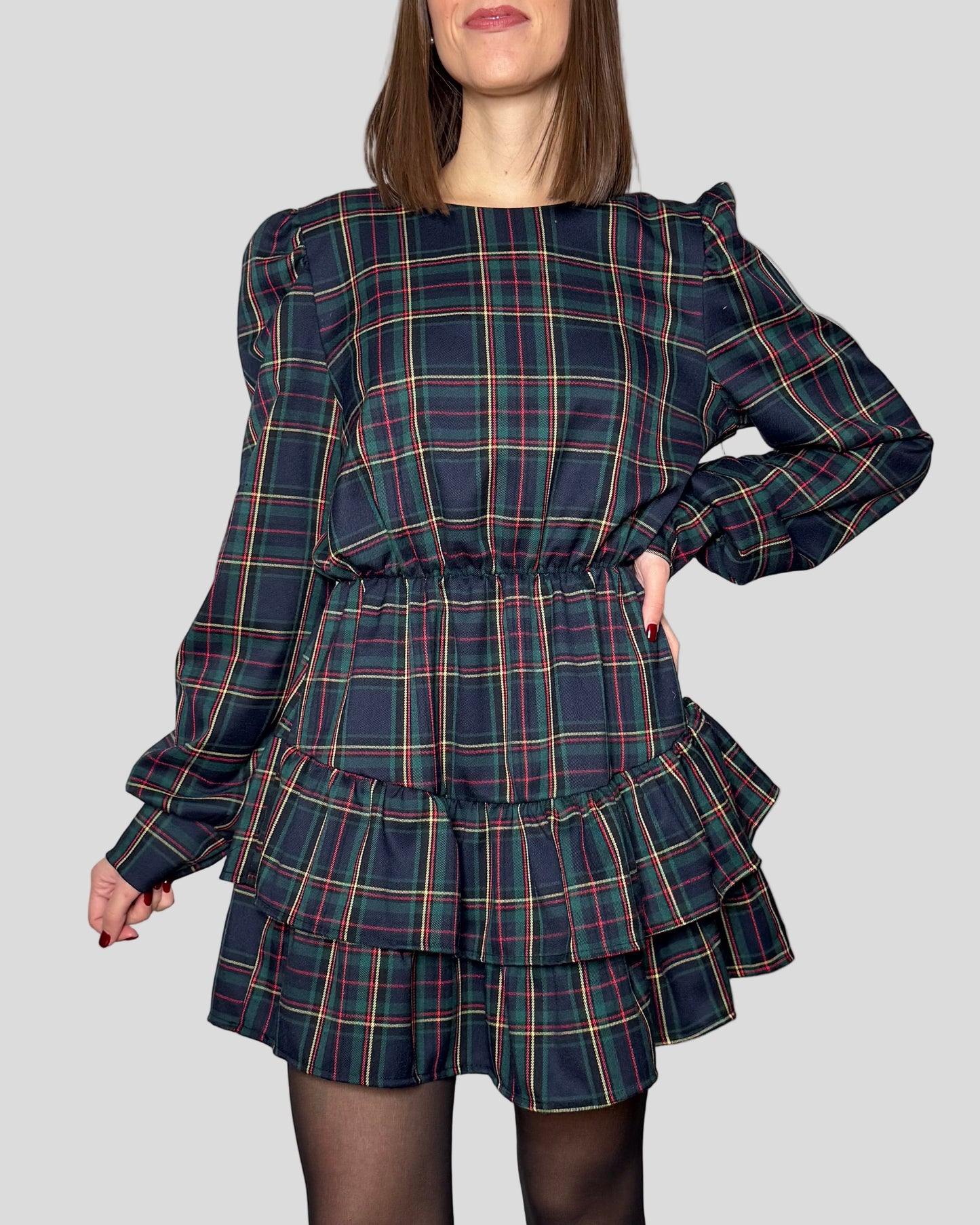 Abito Svolazzante Tartan in viscosa Verde/blu