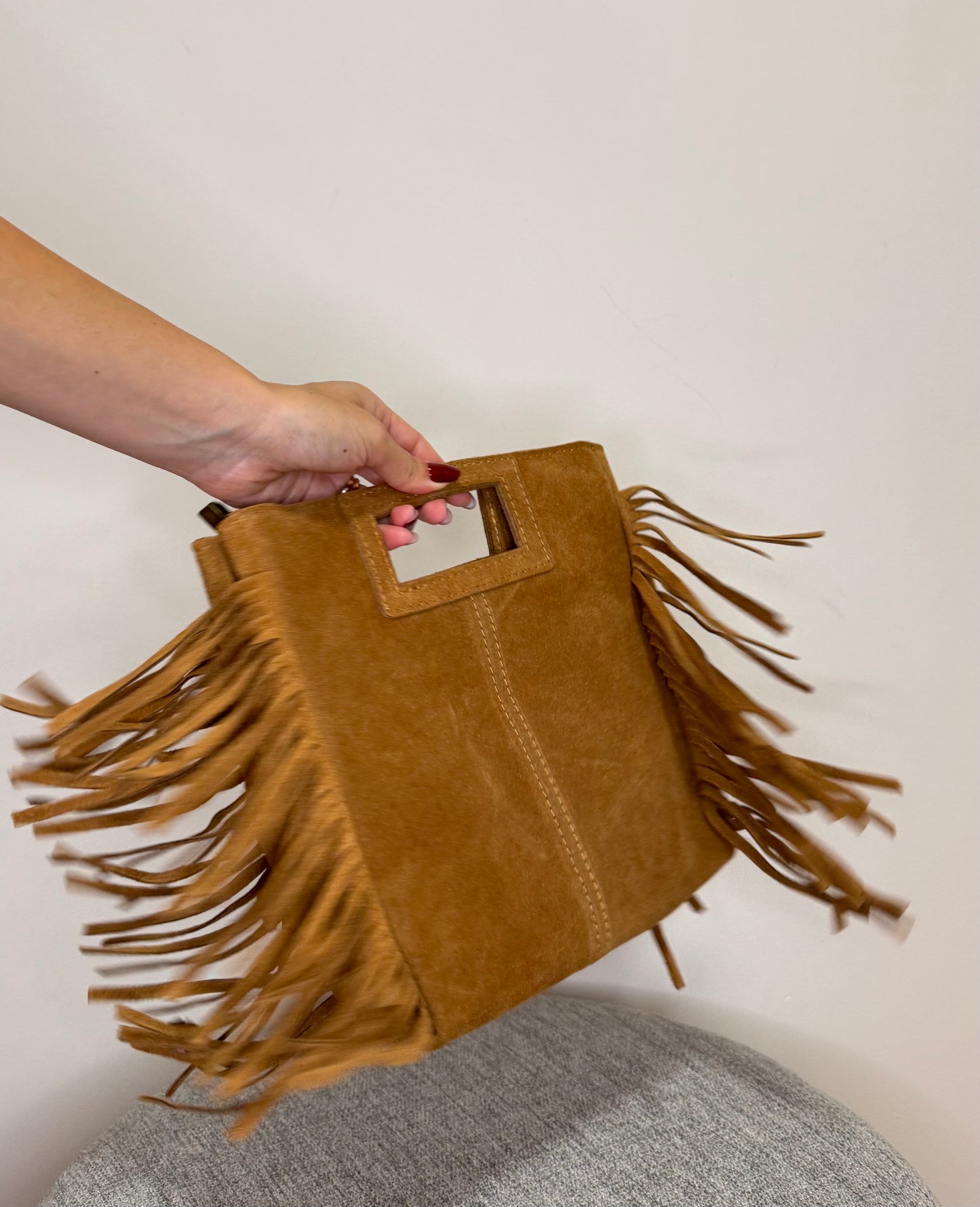 Borsa scamosciata Cuoio Vera pelle Frange