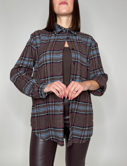 Camicia check in flanella cioccolato/celeste