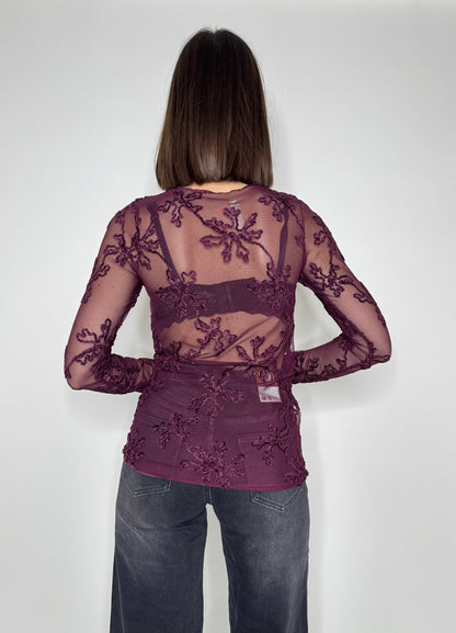 Maglia tulle ricamato Borgogna