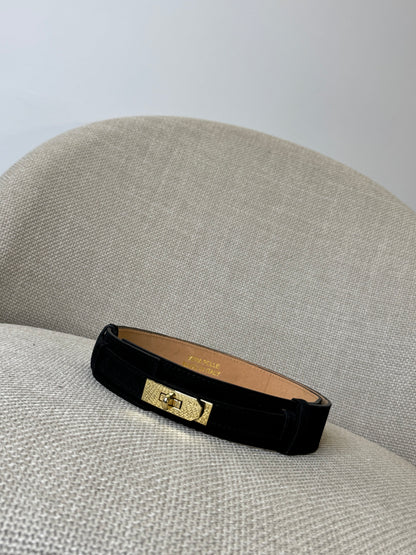 Cintura alta regolabile stile Hermès in vera pelle camoscio nero 4cm
