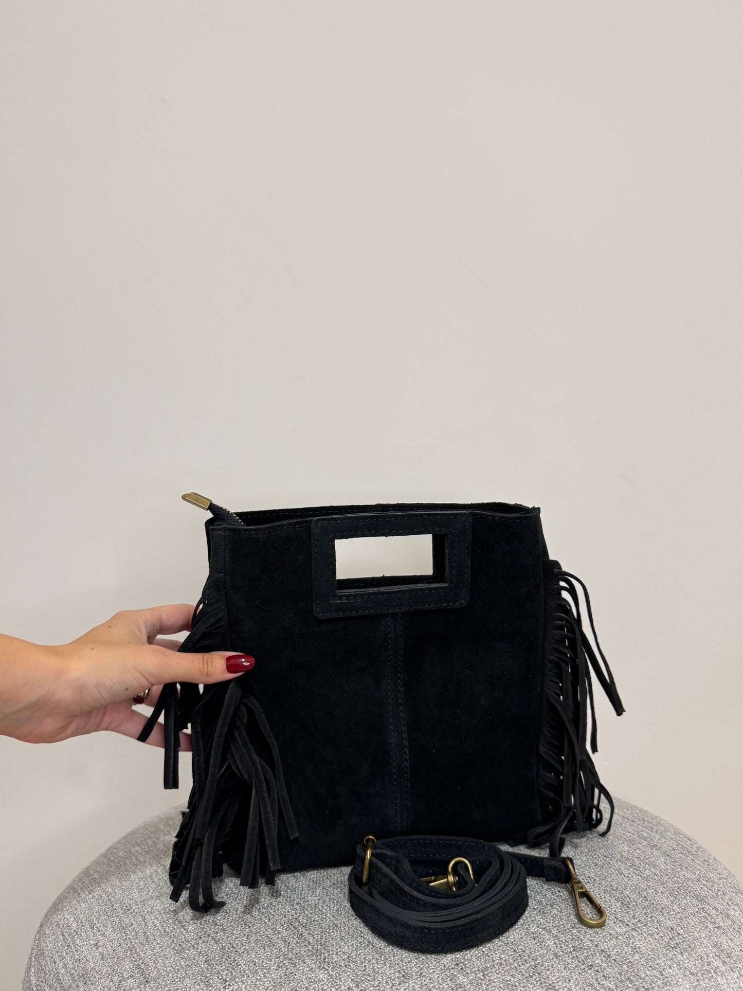 Borsa scamosciata Nera Vera pelle Frange