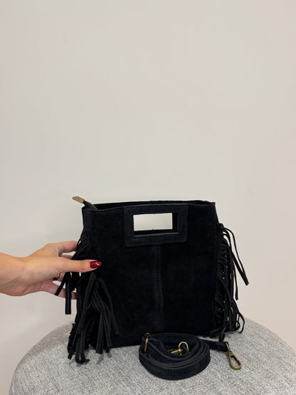 Borsa scamosciata Nera Vera pelle Frange