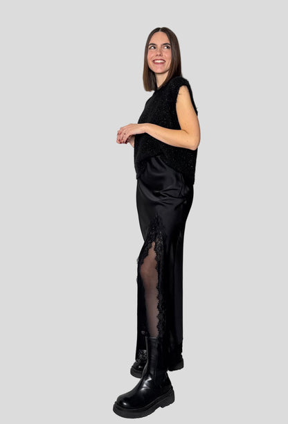 Gonna lunga satin pizzo Ludo Nero