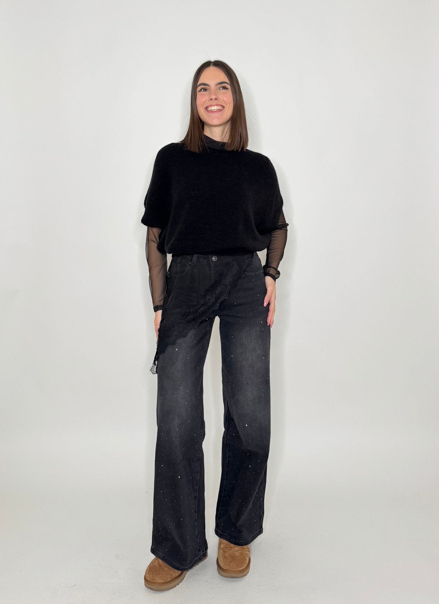 Maglia tulle e pizzo asimmetrica nero