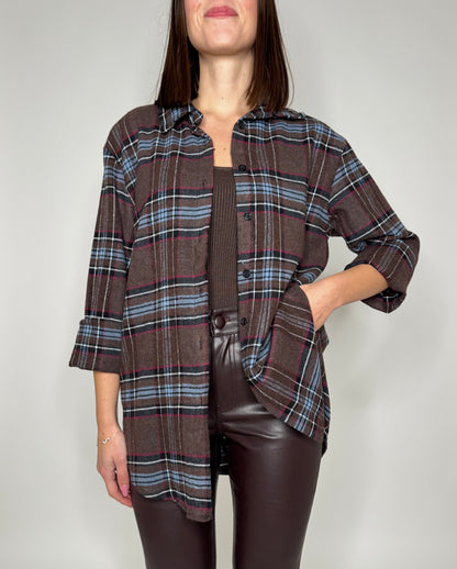 Camicia check in flanella cioccolato/celeste