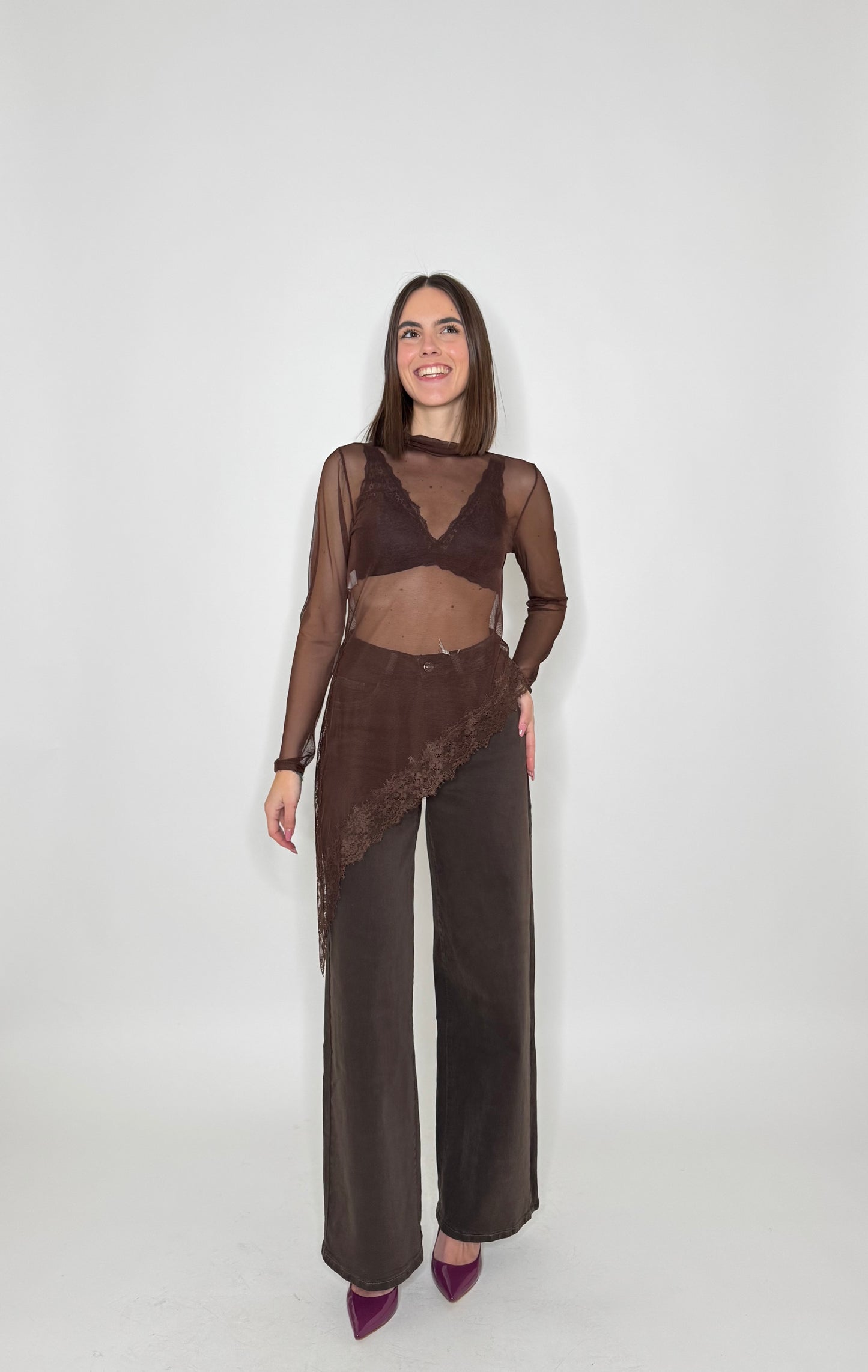 Maglia tulle e pizzo asimmetrica Cioccolato