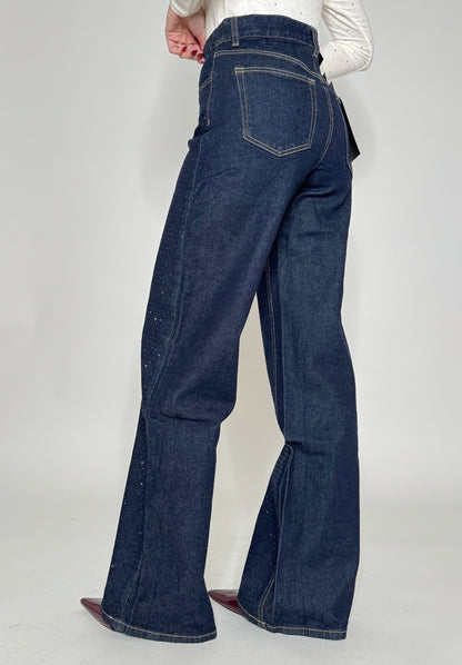 Jeans wide leg strass blu scuro