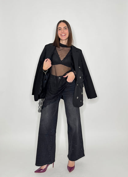 Maglia tulle e pizzo asimmetrica nero