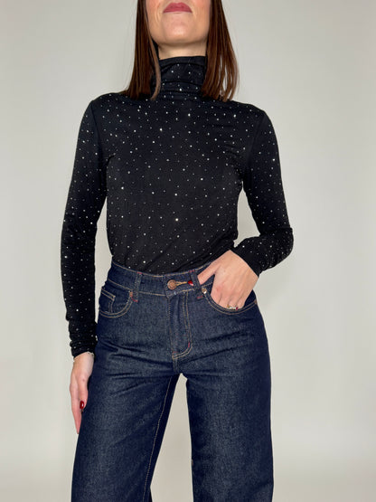 Maglia taglio laser mezzo collo in misto viscosa strass Nero