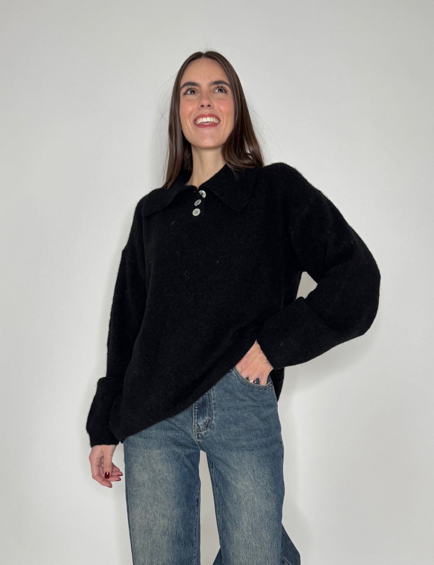Pullover polo basic misto lana e alpaca
