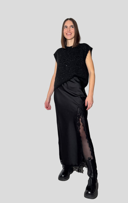 Gonna lunga satin pizzo Ludo Nero