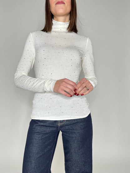 Maglia taglio laser mezzo collo in misto viscosa strass Bianco latte