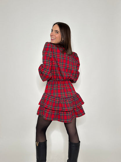 Abito Svolazzante Tartan in viscosa Rosso