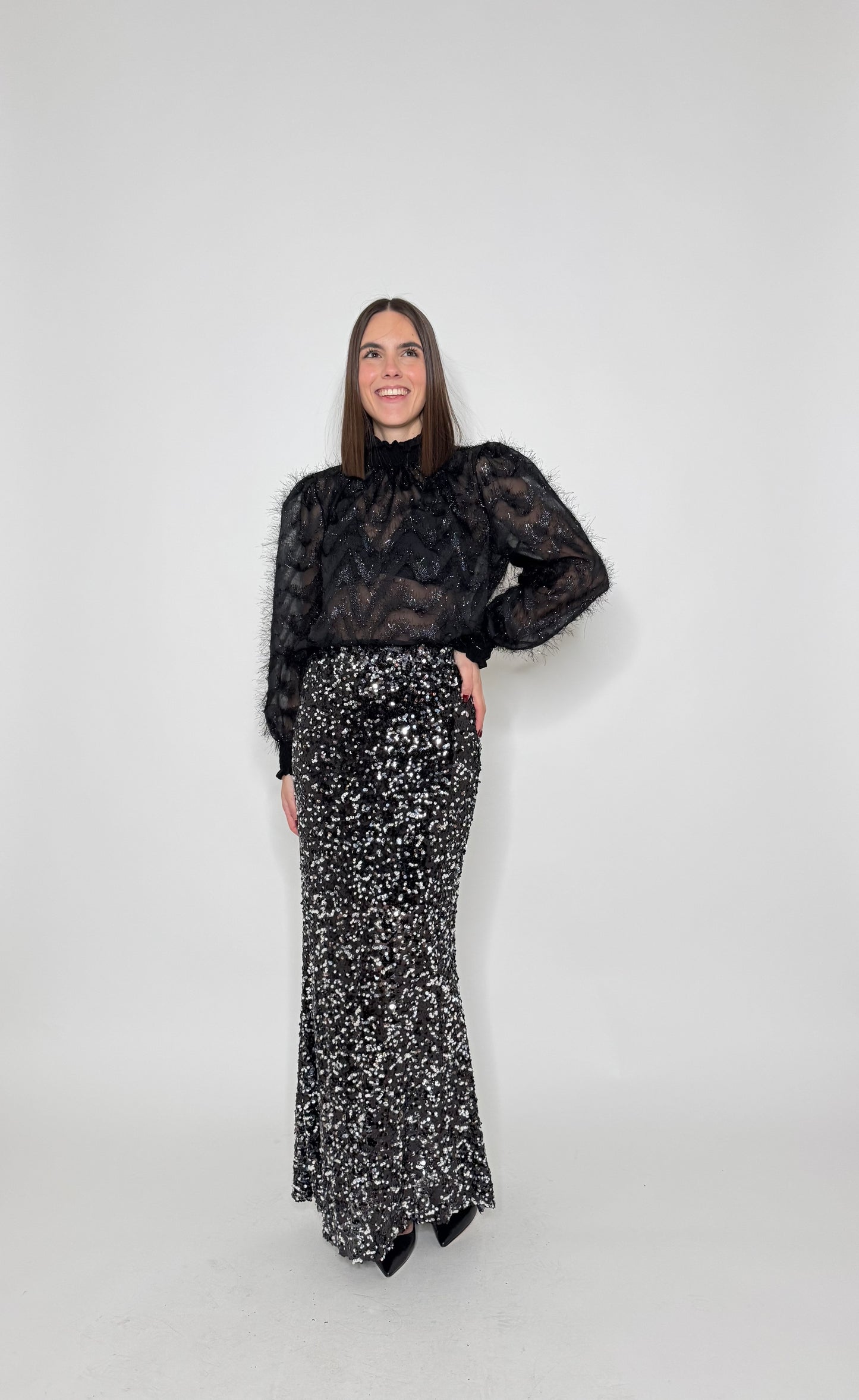 Gonna lunga pailletes argento