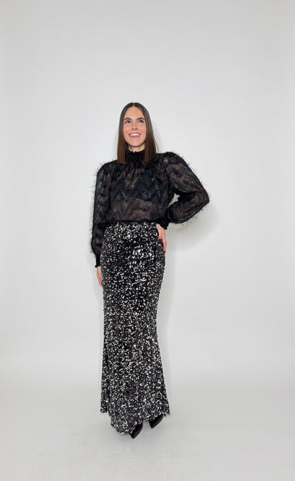 Gonna lunga pailletes argento