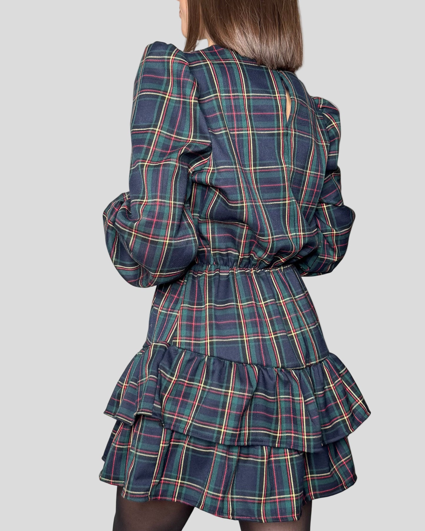 Abito Svolazzante Tartan in viscosa Verde/blu