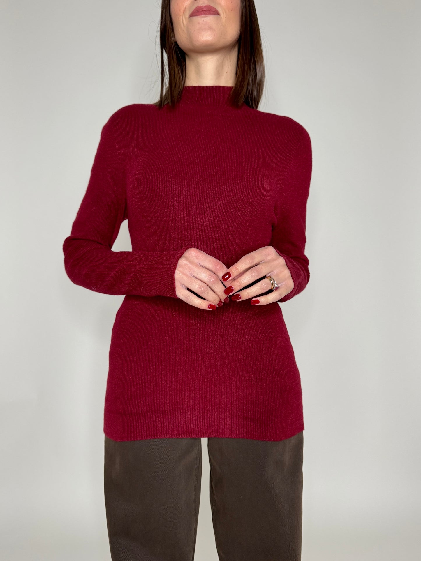 Maglia mezzo collo in misto lana e viscosa Bordeaux