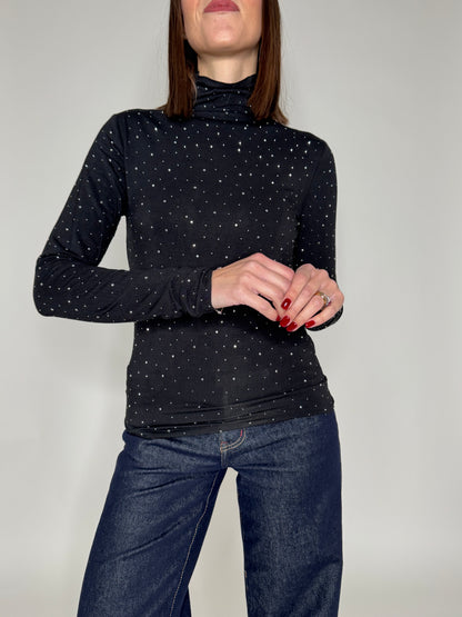 Maglia taglio laser mezzo collo in misto viscosa strass Nero