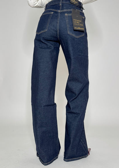 Jeans wide leg strass blu scuro